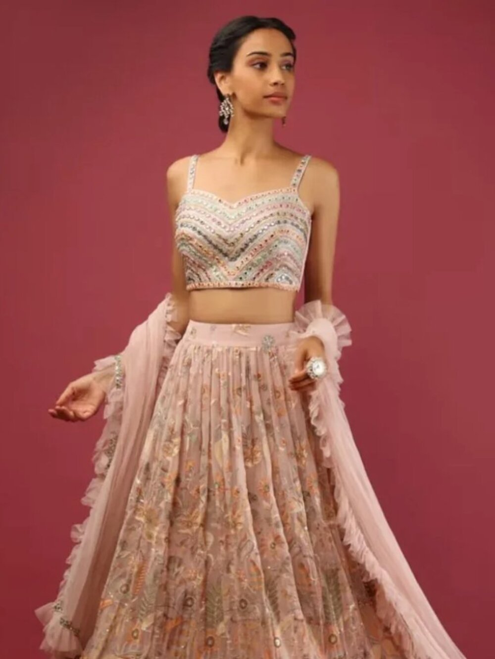 Kalki Lehenga Choli in Baby Pink with Intricate Embroidery and Mirror Sequins